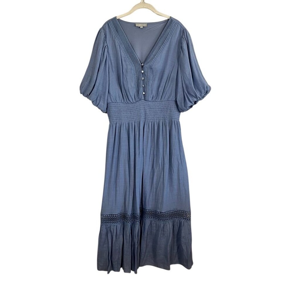 Blue Maxi Dress with Smocked Waist and Button V-Neck